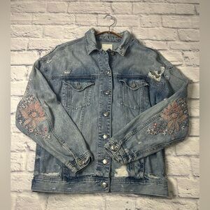 American Eagle Outfitters Blue Denim Distressed Jacket w/ Pink Embroidery. Small